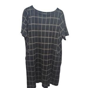 J Jill Wearever Ponte Knit Dress L Petite Black Tan  Windowpane Plaid Shift